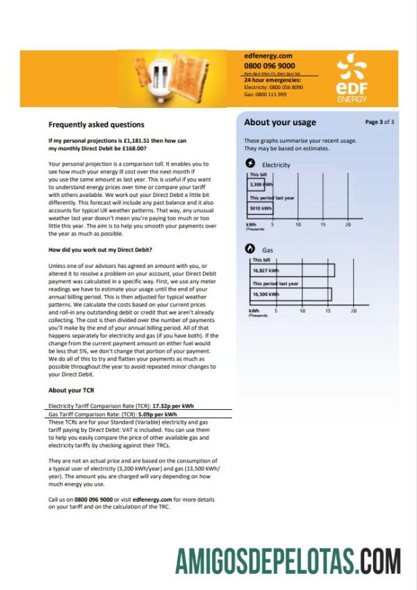realista Modelo de conta de serviços públicos EDF do Reino Unido em formato Word e PDF (3 páginas) 3